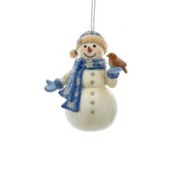 Kurt Adler Blue And Platinum Snowman With Bird Ornament