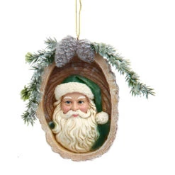Kurt Adler Winter Green Santa In Sliced Wood Ornament