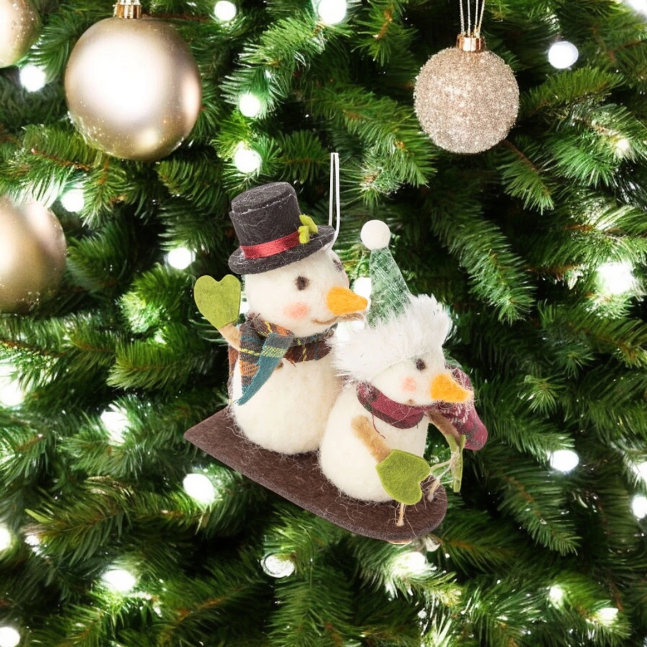 Felt Snowman Couple On Toboggan Ornament - Image 2