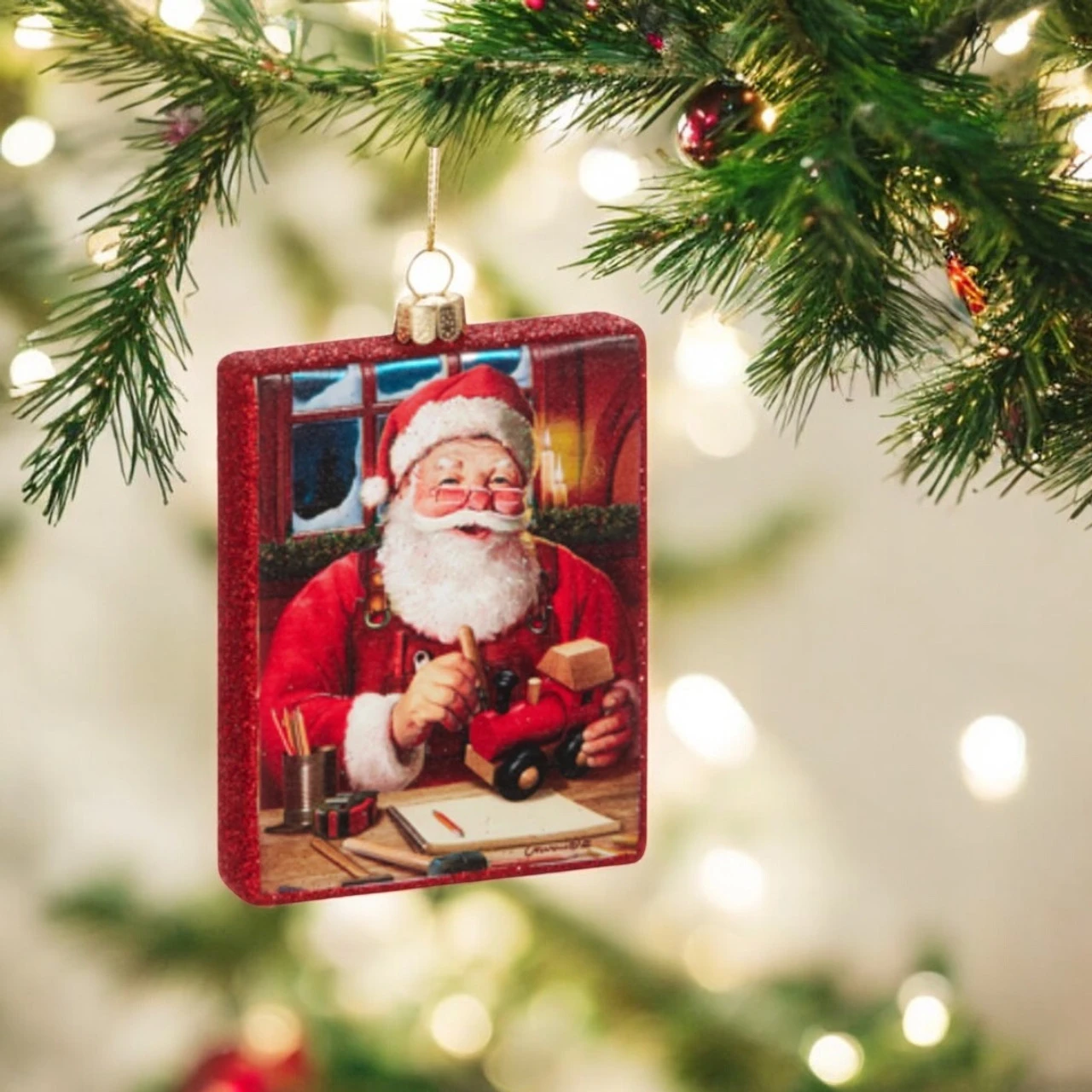 Jolly Santa With Toy Rectangle Ornament - Image 2