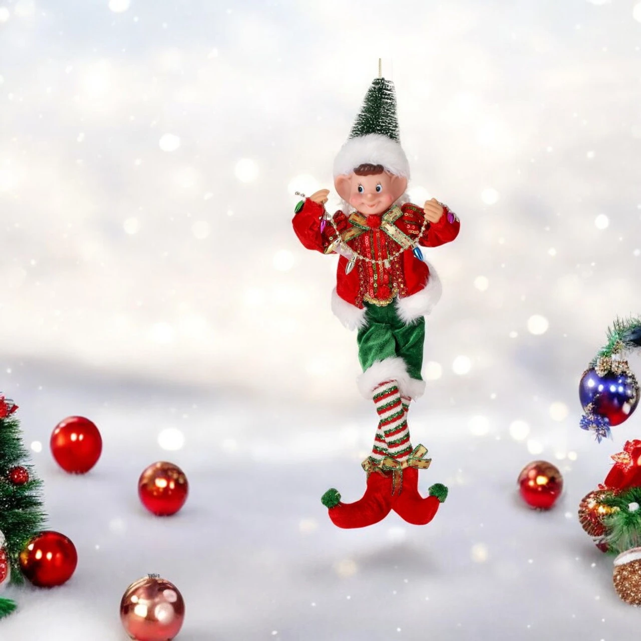 Fabric Boy Tinsel Pixie Elf With Tree Hat Ornament - Image 2