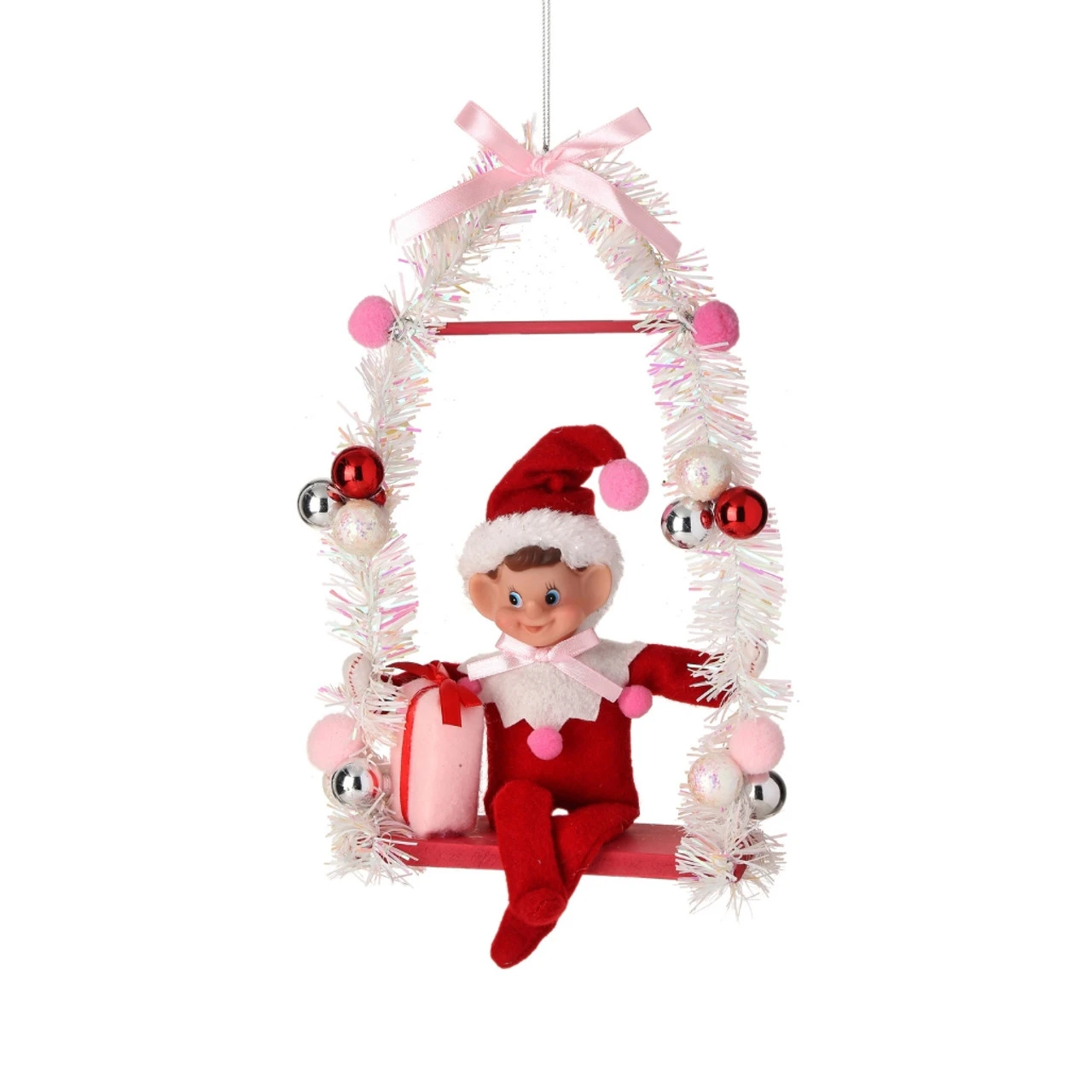 Red Pixie Elf On Candy Swing Ornament