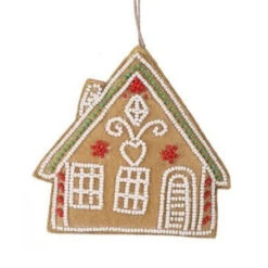Embroidered & Beaded Gingerbread House Ornament – Green Roof