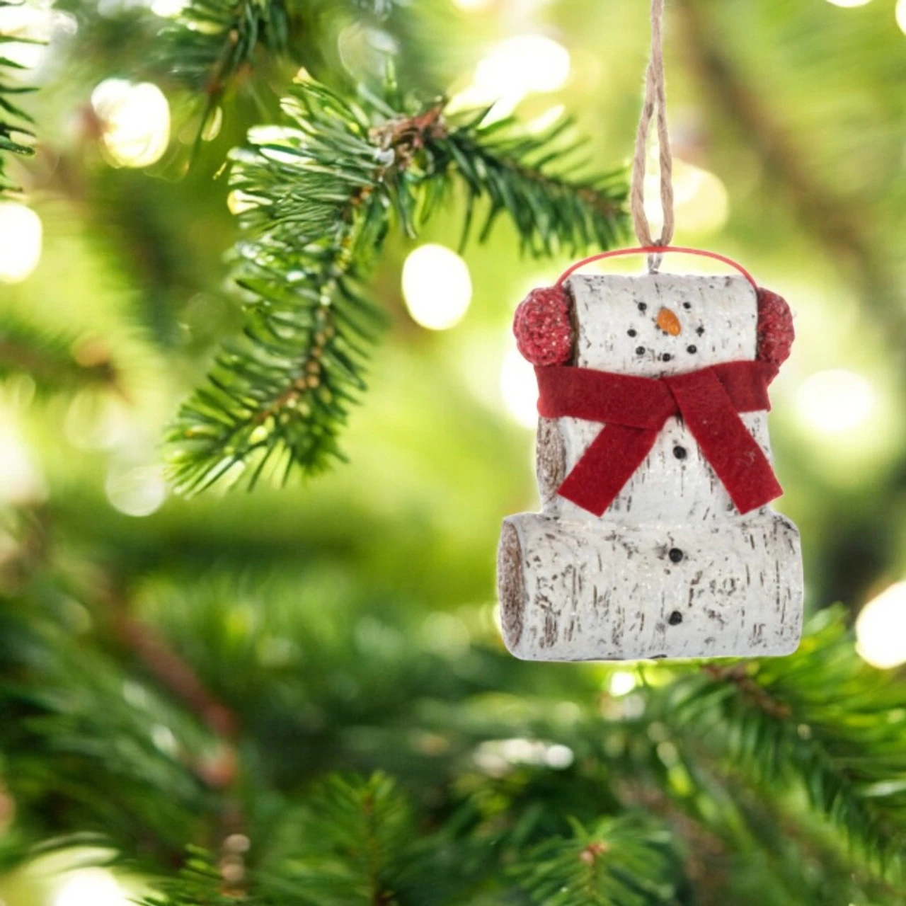 Birch Snowman With Red Scarf Ornament - Image 2