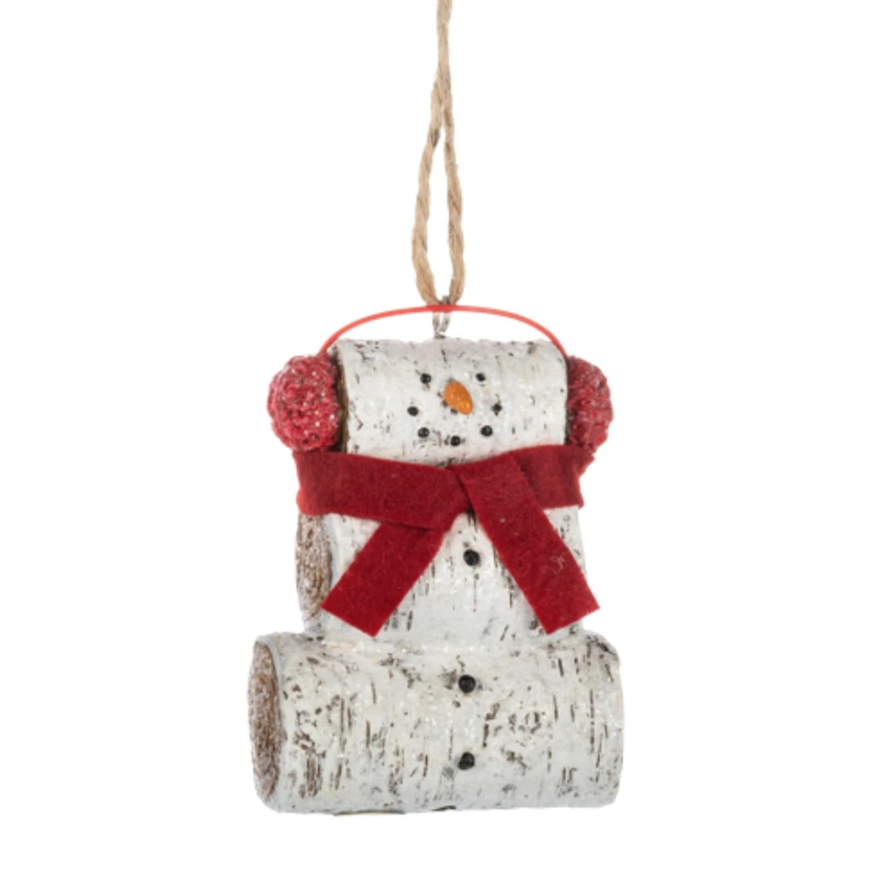 Birch Snowman With Red Scarf Ornament