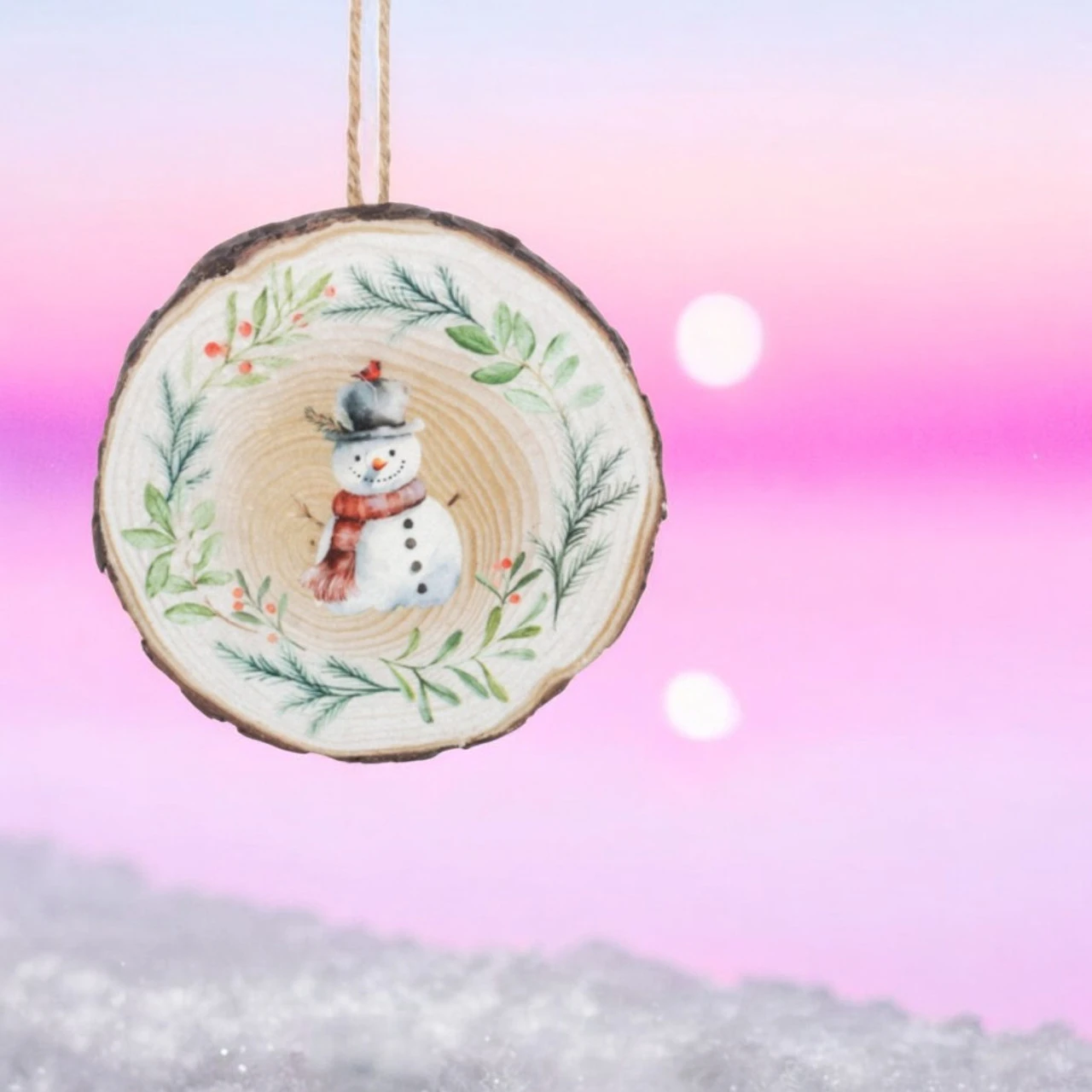 Snowman With Cardinal On Hat Wood Slice Ornament - Image 2