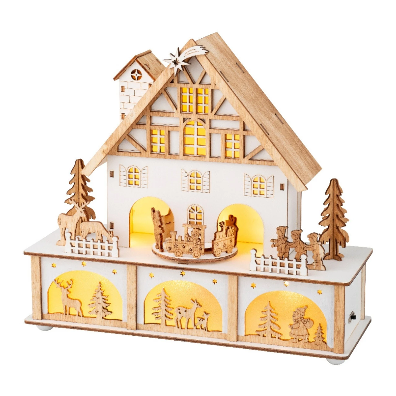 Lumineo LED Wood House With Train Scene