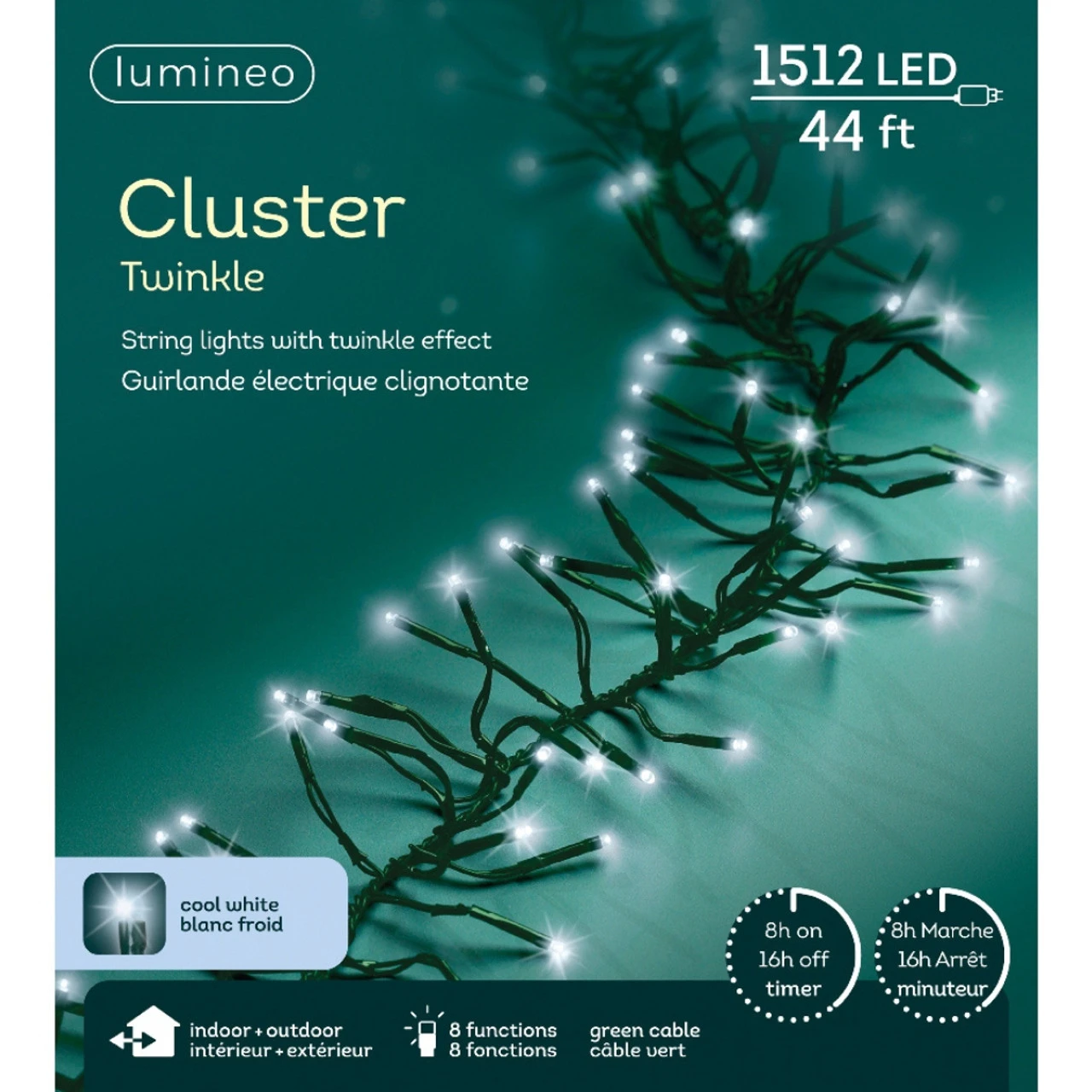 Lumineo 1512 LED Cool White Cluster Lights Green Wire