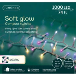 Lumineo 1,000 LED Soft Glow Multi Color Compact Twinkle Lights Transparent Wire