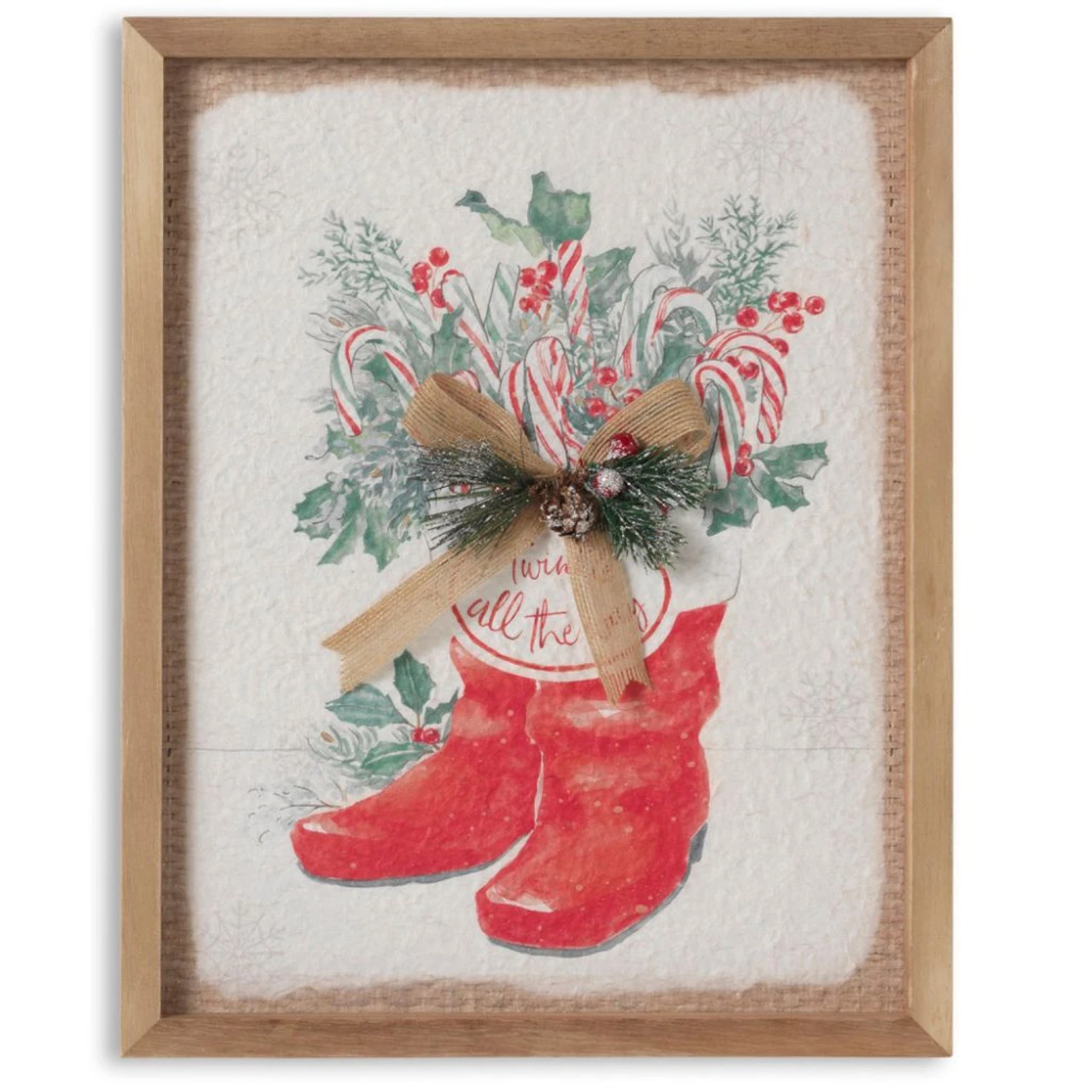 14 Inch Santa Boots Wall Decor With Burlap Bow & Pine
