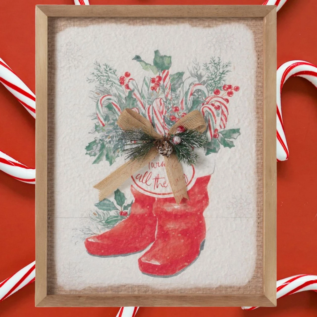 14 Inch Santa Boots Wall Decor With Burlap Bow & Pine - Image 2