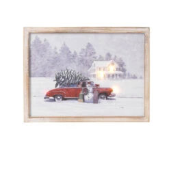 Vintage Lighted Car & Tree Winter Scene Print 15.5 Inch