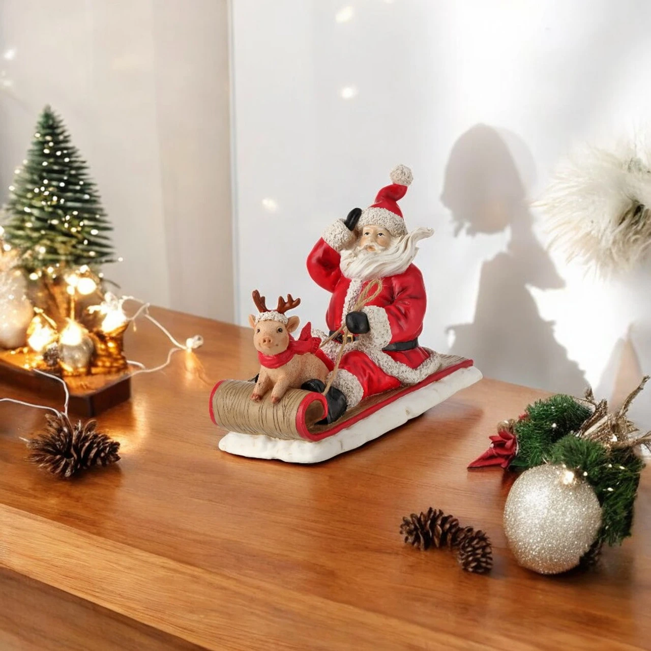 Resin Santa With Pig On Sled Figurine - Image 2