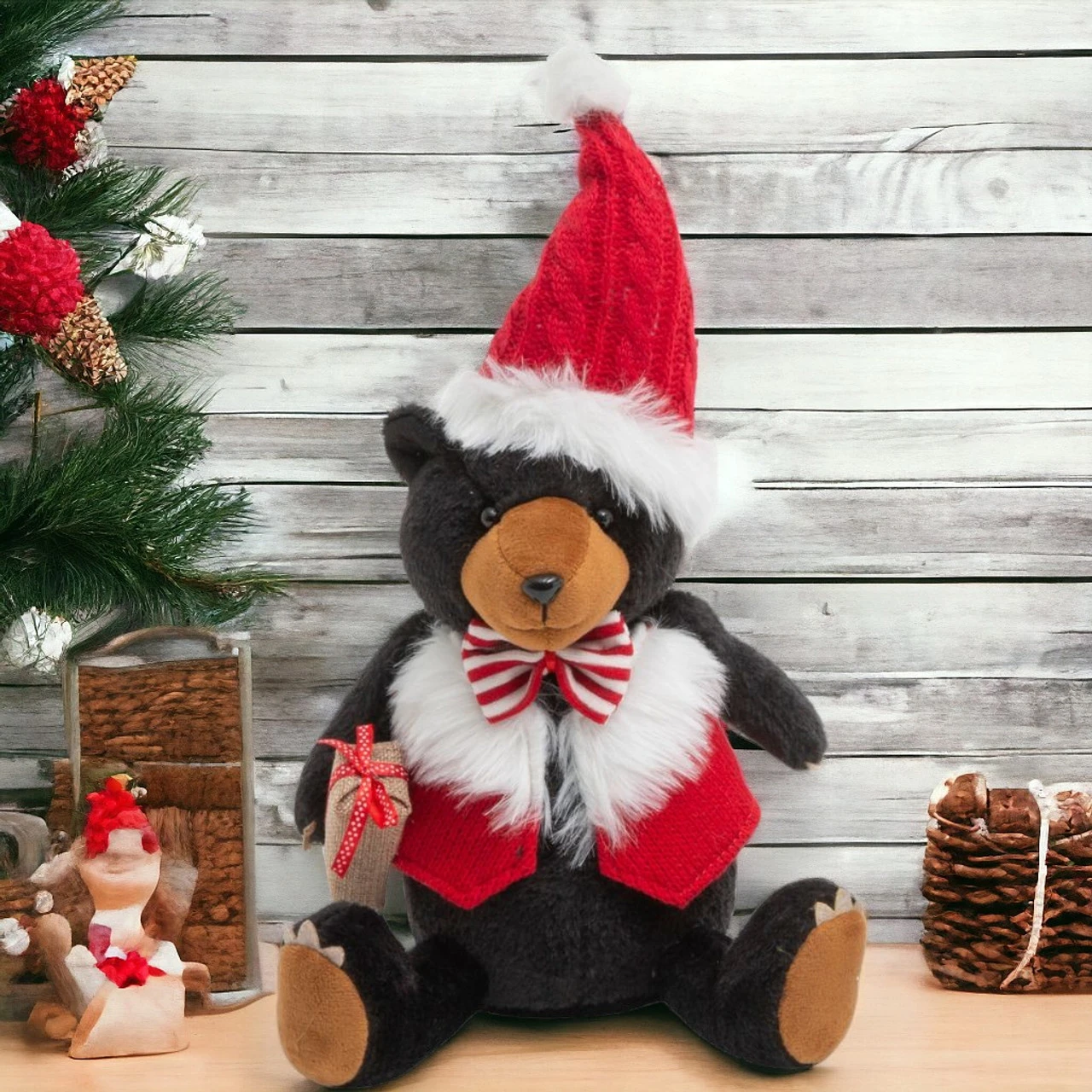 13.5 Inch Fab Sitting Bear With Santa Hat - Image 2