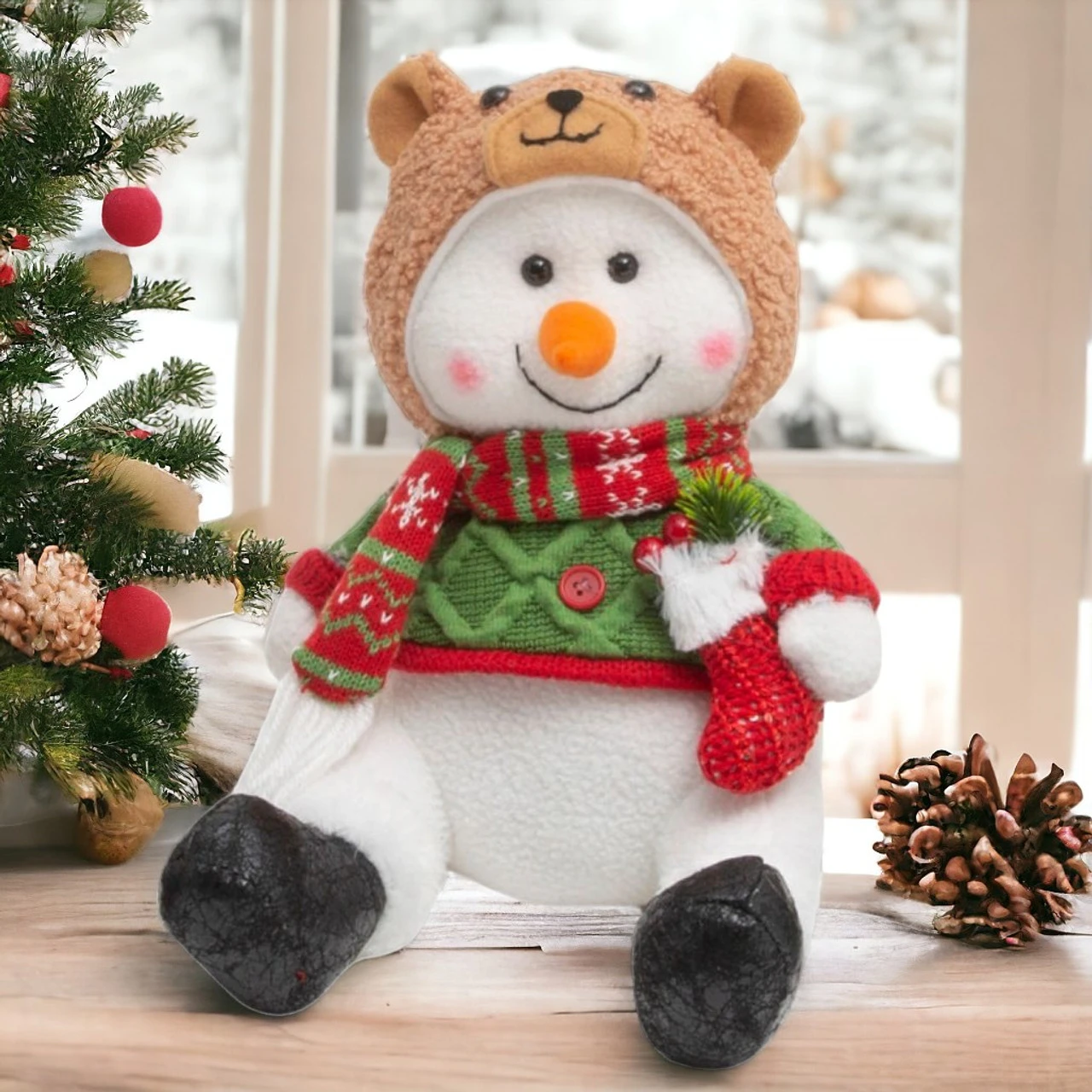13 Inch Fab Sitting Snowman With Bear Hat - Charming Holiday Plush - Image 2
