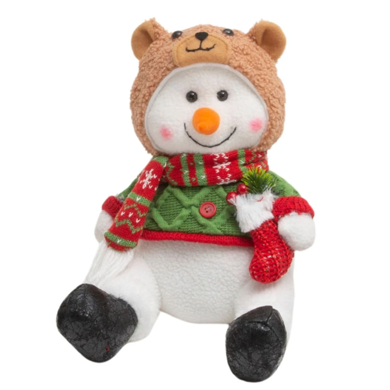 13 Inch Fab Sitting Snowman With Bear Hat - Charming Holiday Plush