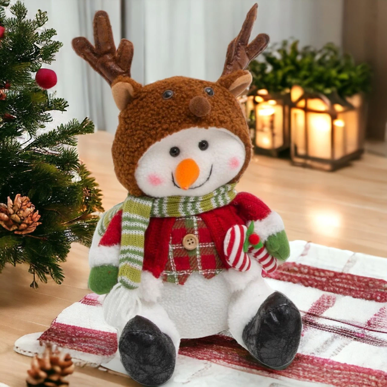 13 Inch Fab Sitting Snowman With Reindeer Hat - Enchanting Holiday Decor - Image 2