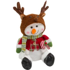 13 Inch Fab Sitting Snowman With Reindeer Hat - Enchanting Holiday Decor