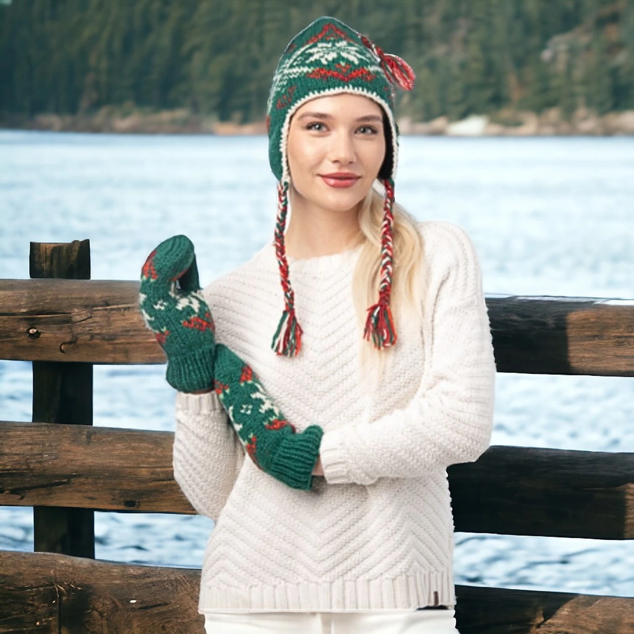 Cozy Green Knit Mittens With Snowflake Design - Image 2