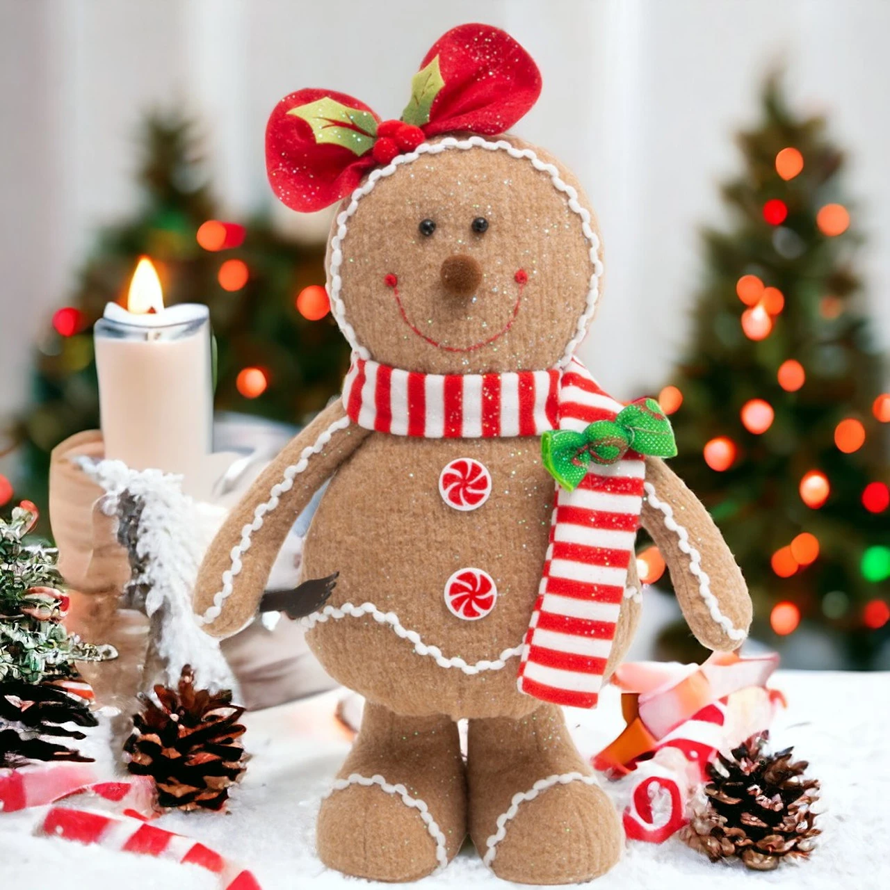 15 Inch Holiday Gingerbread Girl Plush With Festive Bow - Image 2