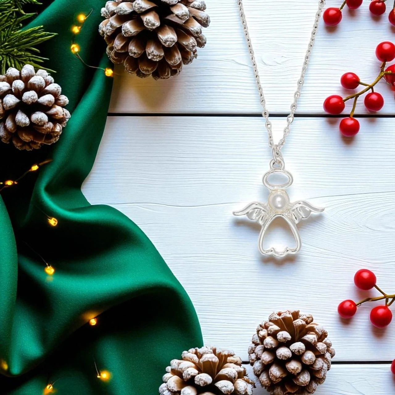 Silver Angel With Pearl Necklace By Periwinkle - Image 2