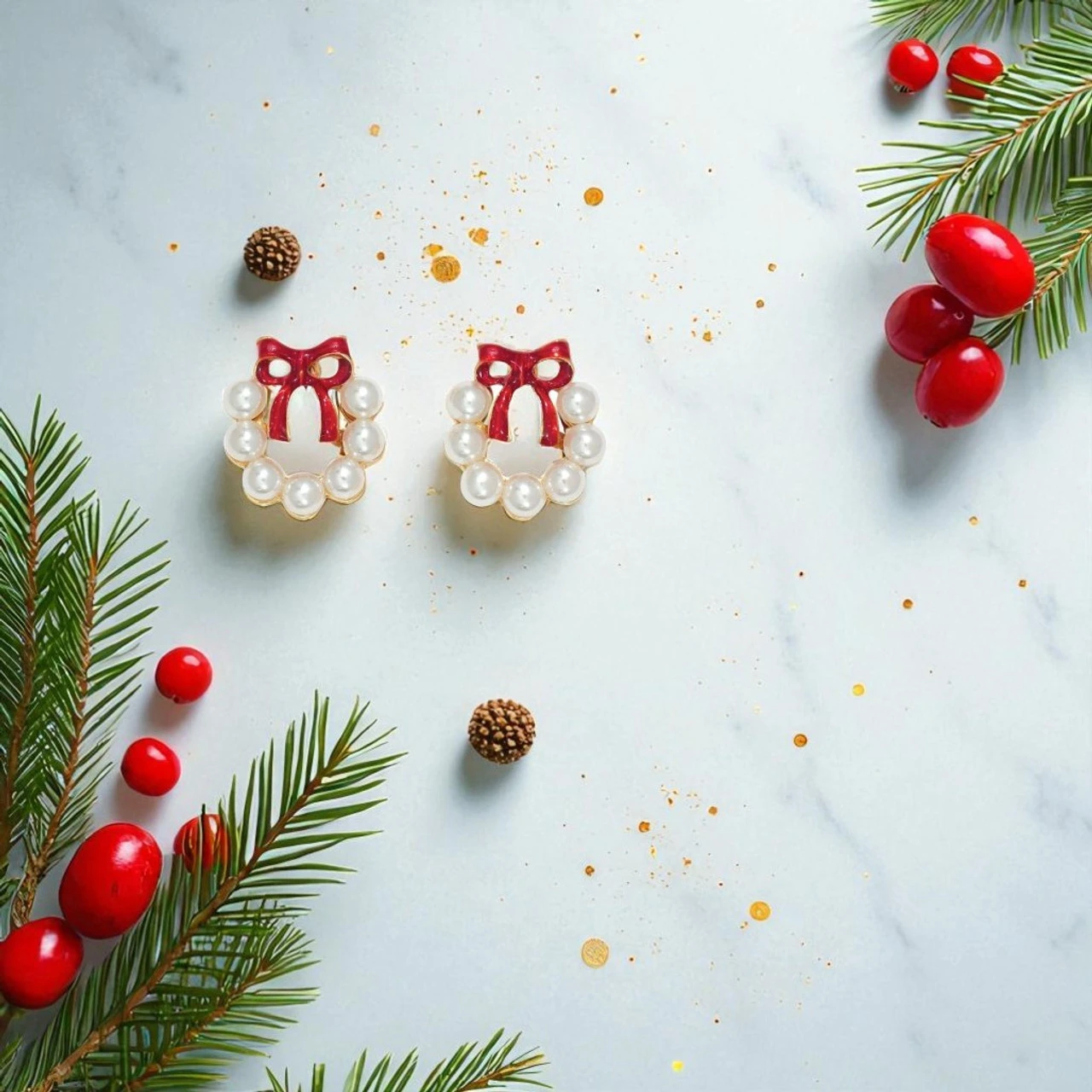 Pearl Wreath With Red Bow Stud Earrings By Periwinkle - Image 2