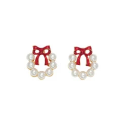 Pearl Wreath With Red Bow Stud Earrings By Periwinkle