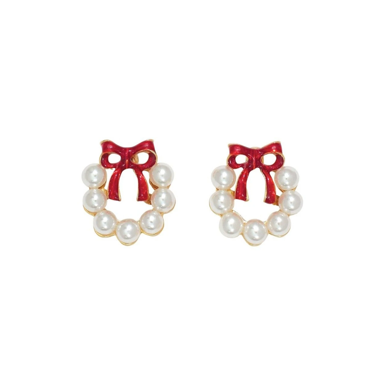Pearl Wreath With Red Bow Stud Earrings By Periwinkle
