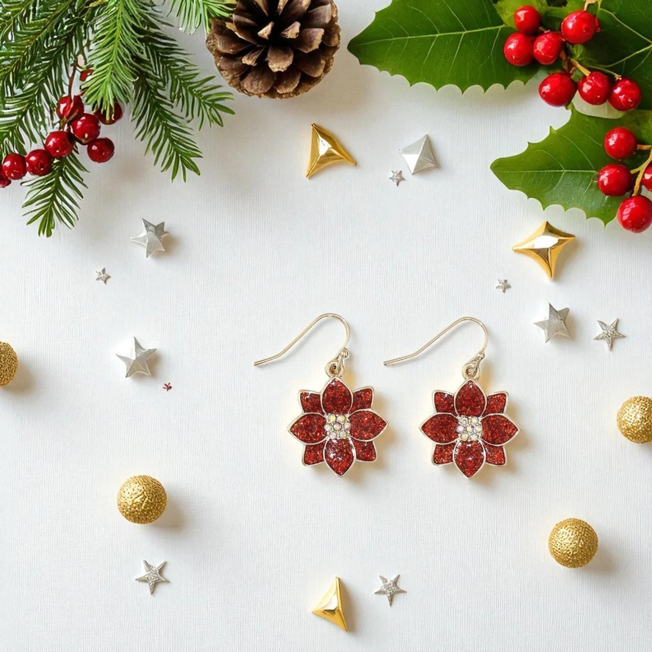 Gold Glitter Poinsettia Dangle Earrings By Periwinkle - Image 2