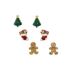 Periwinkle Festive Stud Earrings 3-Pack: Trees, Stockings, Gingerbread