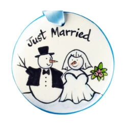 Nola Watkins Just Married Snow Couple Hand Painted Ornament