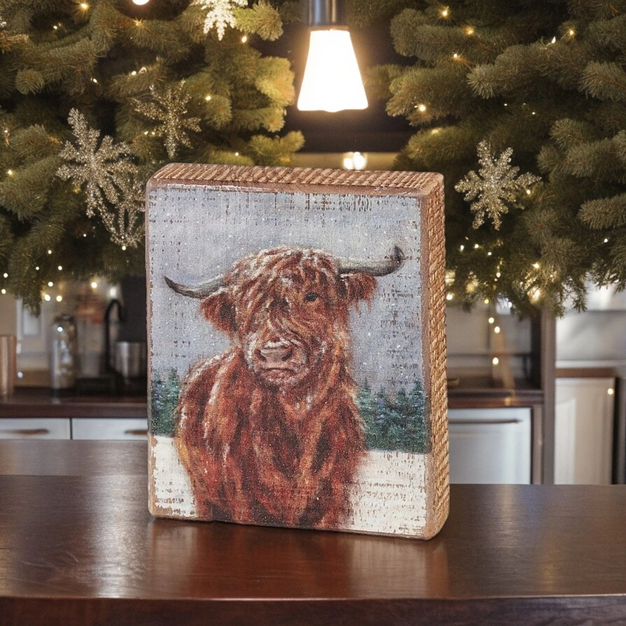 Snowy Highland Cow Block Sign - Image 2