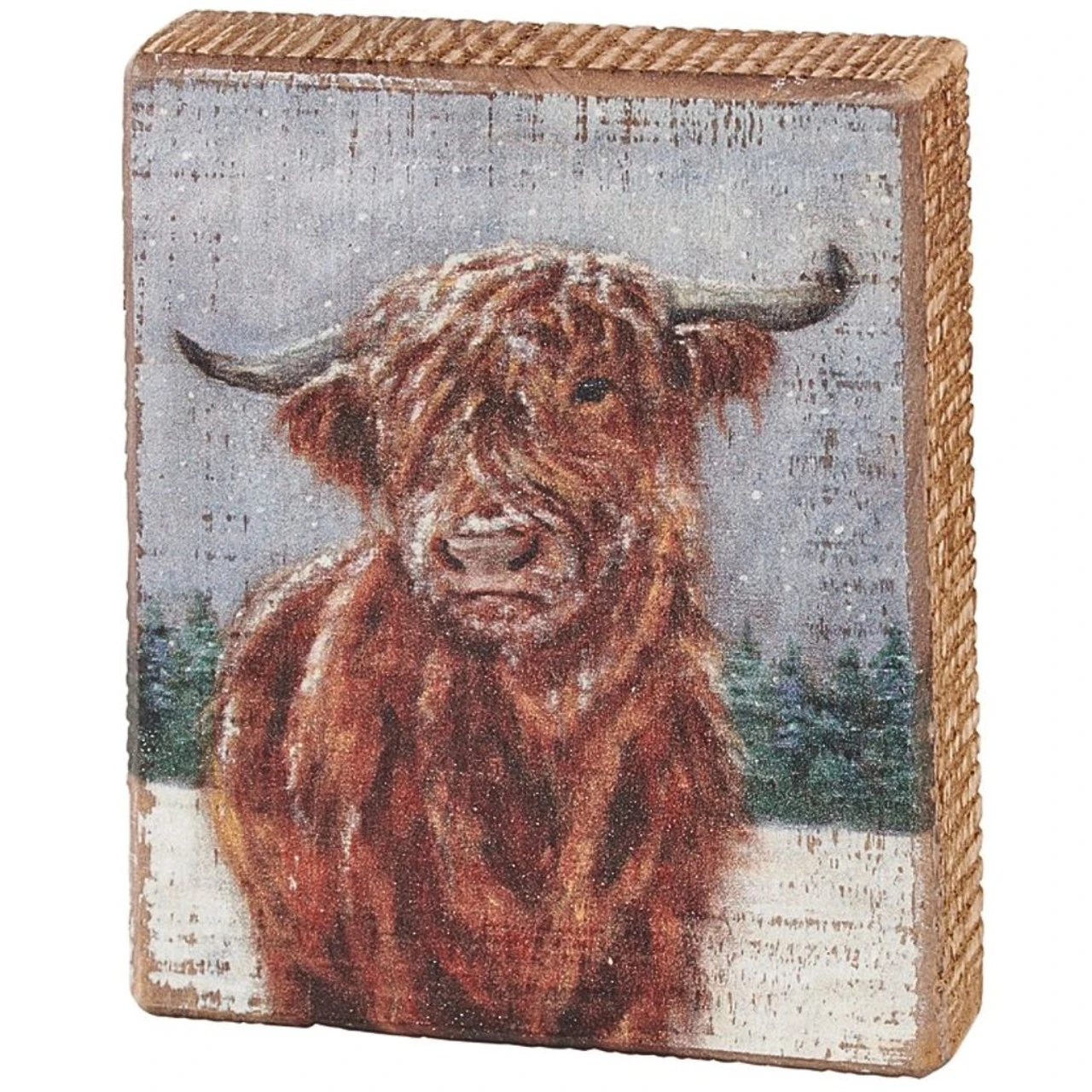 Snowy Highland Cow Block Sign