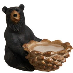 Sitting Black Bear With Pinecone Candle Holder