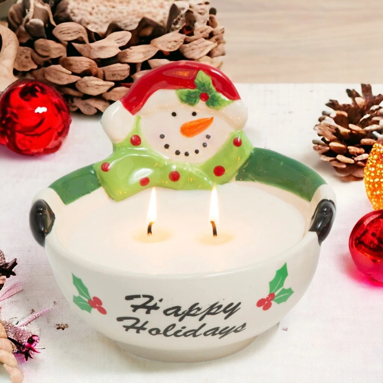 Ceramic Snowman Bowl Wax Candle - Happy Holidays - Image 2