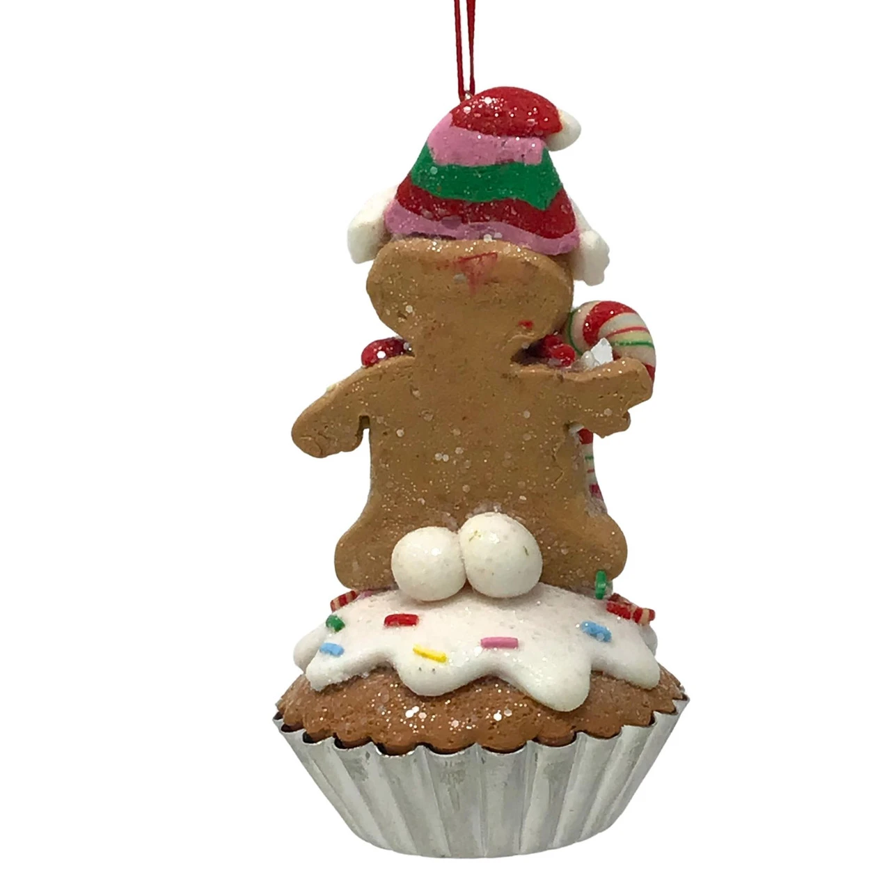 Gingerbread Man Holding Candy Cane Cupcake Ornament - Image 2