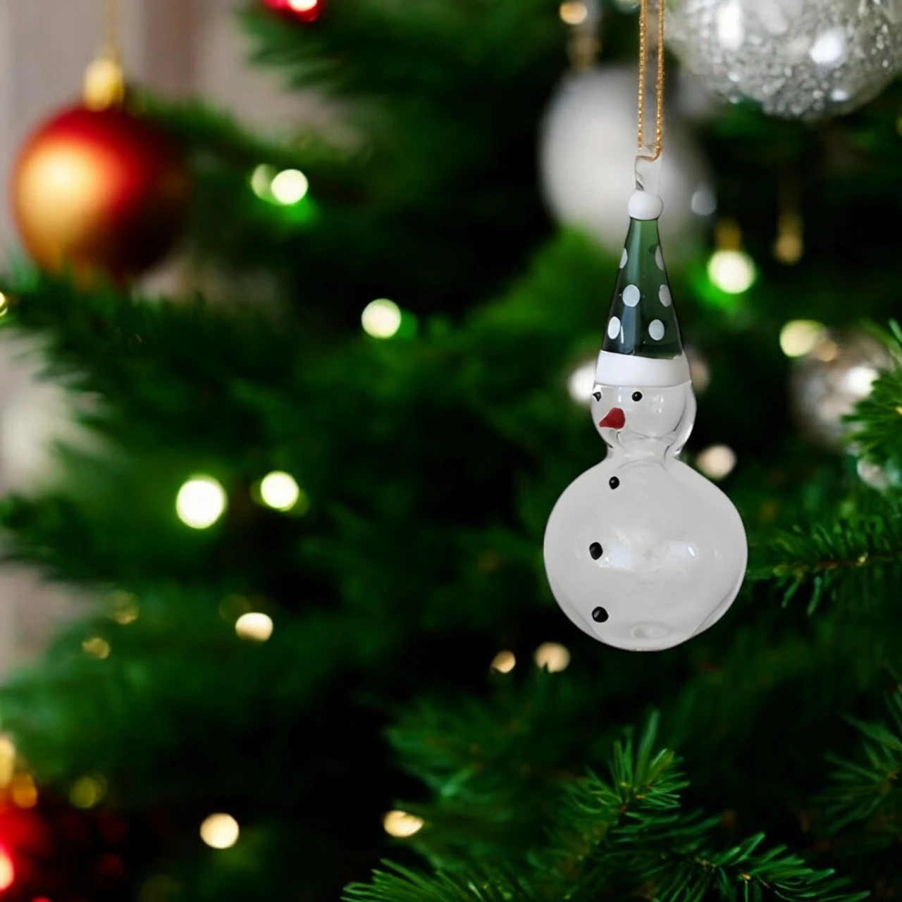 Handmade Glass Snowman Green Hat Ornament - Image 2