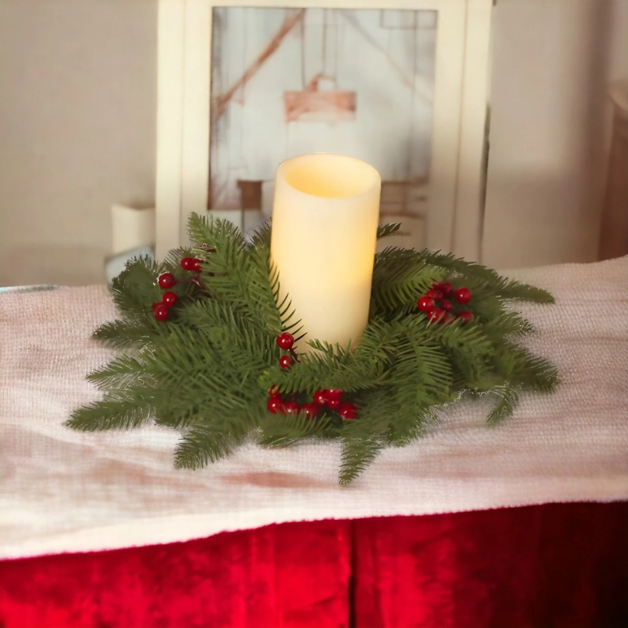 Holly Berry And Pine Candle Ring Centerpiece - Image 2