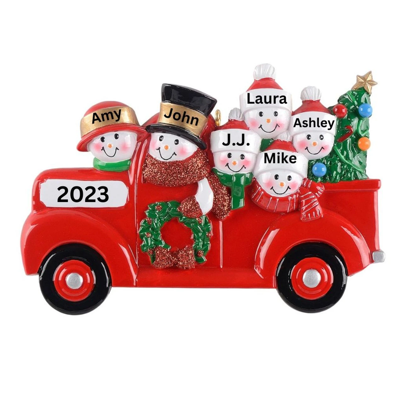 Personalized Snowman Family Of 6 In Red Truck Ornament - Image 2