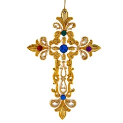 Kurt Adler White And Gold Jeweled Cross Ornament With Large Blue Jewel At The Centre