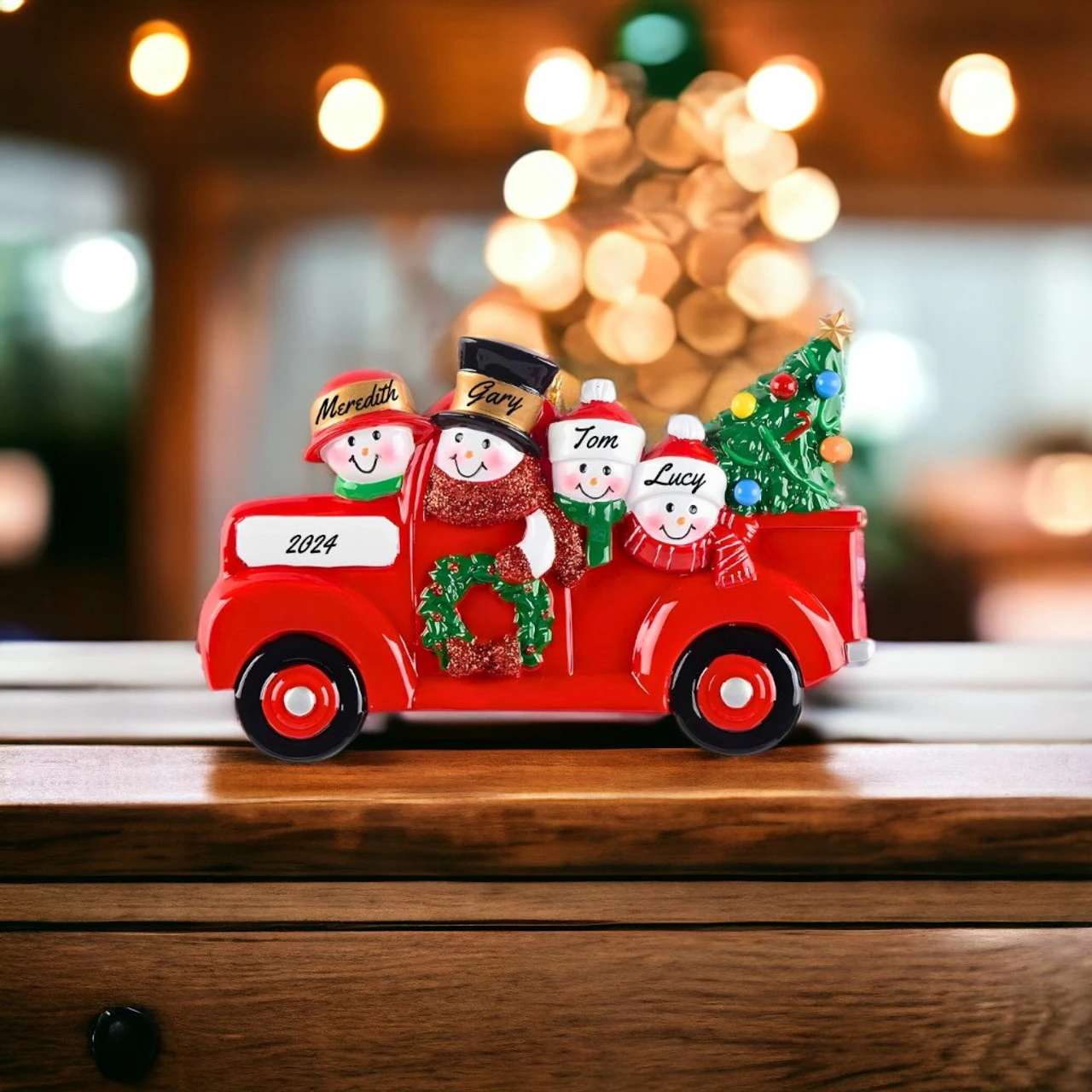 Personalized Snowman Family Of 4 In Red Truck Ornament - Image 2