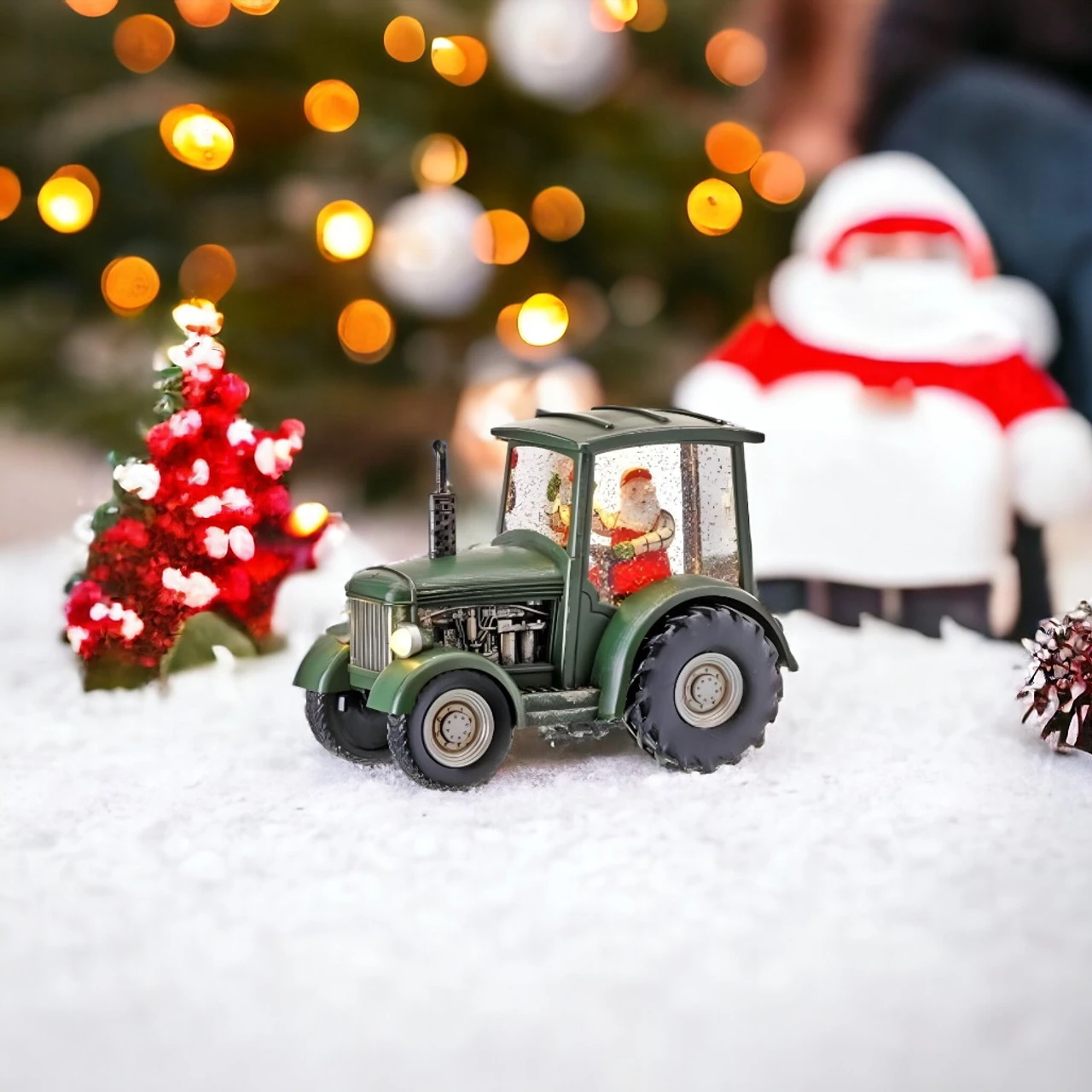 Santa Green Tractor Water Globe Shimmer - Image 2